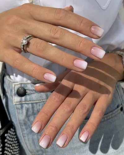 LADYING 24 Stück Soft Gel Nägel Zum Aufkleben Eckig Kurz,Gradient Weiß French Press on Nails Short,Einfarbig Kunstnägel Künstliche Nägel Motiv,Square Fingernägel Fake Nails für Frauen