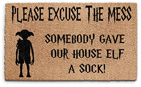 Elf Doormat (45cm x 75cm) Small, Harry Potter Theme, Excuse The Mess Front Door Mat, Coconut Core Fibre Heavy Duty Mat, Rug, Indoor Natural Coir Mat, Wide