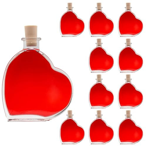 slkfactory 10 leere Glasflaschen 200ml Herzförmig Herz-Form Flasche Herzflaschen mit Korken 0,2 Liter l Likörflaschen Schnapsflaschen Essigflaschen Ölflaschen (10 x 200 ml)