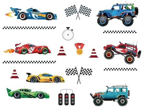 PLIGREAT 2 Blätter Bunte Rennwagen Wandtattoo Peel and Stick DIY Coole Offroad-Fahrzeuge Thema Wandaufkleber für Jungen Schlafzimmer Kinderzimmer Wanddekoration Zuhause Dekorativ