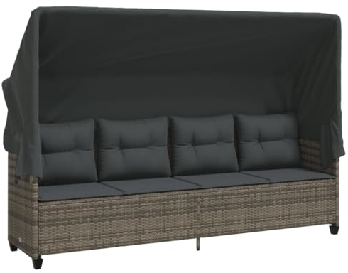 Makastle 4-Sitzer Sofa mit Dach und Kissen, Garten Schlafsofa Gartenliege Outdoor Sofa Couch Liege Sonnenliege Terrassenliege, Grau Poly Rattan