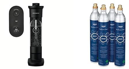 GROHE Blue Fizz, Wassersprudler 4x CO2 Set, mit CO2-Füllstandsanzeige (3 einstellbare Sprudel-Stufen, hygienische Metalldrüse, 4x CO2 Flasche, 1x 0,85l Wasserflasche), schwarz, 31947K00