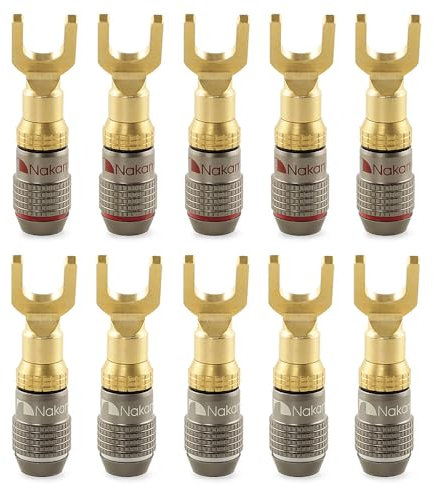 Nakamichi FanLock Excel Series 24k placcato oro connettore a forcella spina a banana 10 AWG - 18 AWG calibro 4mm per altoparlanti amplificatore Hi-Fi cavo connettore rapido, 10 pezzi (5 paia)