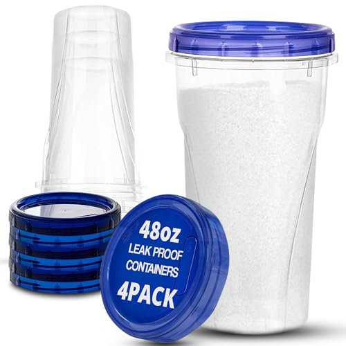 Plastic Food Deli Containers With Twist Top Lids - (48 Oz) - [4 Pack] - Soup & Food Storage Containers Takeout To Go - Airtight Plastic Containers - Microwave, Freezer & Dishwasher Safe BPA-Free