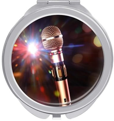 JTREHY Miroir de maquillage rond, microphone de karaoké, miroir de maquillage pliable double face, miroir de maquillage portable pour voyage, cosmétique, bureau
