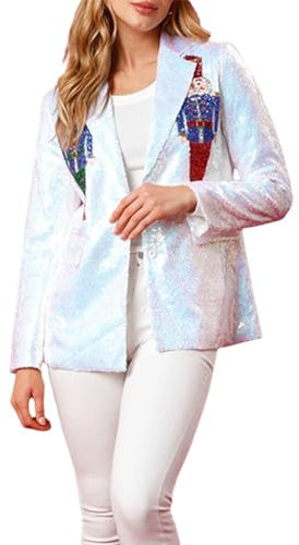 Blazer casse-noisette rose à paillettes - Blazer de Noël brillant - Veste de costume ouverte sur le devant - Blazer de vacances à paillettes, blanc, M