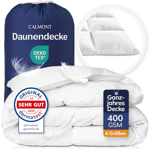 CALMONT - Daunendecke 220x240 Extra Leichte Sommerdecke I Oeko-Tex | Die Daunen Bettdecke ist Fachärztlich geprüft und auch für Allergiker geeignet. Aus 100% extra weichen Federn & Daunen.