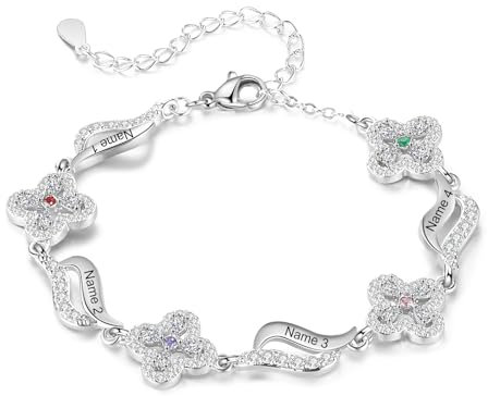 Armband Damen Schmuck Frauen Geschenk - Vierblättriges Kleeblatt Personalisierte Schmuck Armbänder Charms Bracelet Geburtsstein Weihnachten Geschenk für Sie Mama Freundin (4 Namen 4 Geburtssteine)