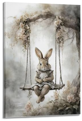 YCGYMX Oster-Poster, Vintage-Hase, schwingend, ansprechend, dekoratives Gemälde, Leinwand, Wandposter für Schlafzimmer, künstlerische Bilder, Drucke, moderne Familie, 30 x 45 cm
