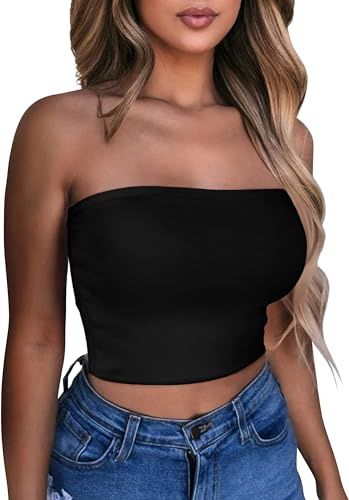 Womens Tube Top Summer Strapless Bandeau Tops Slim Fit Crop Vest | soft and lightweight, elasticated waist, backless and off shoulder, trendy cropped shirts for daily wear