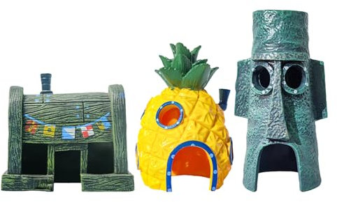 HUATEEN 3-Piece Aquarium Decor Set with Pineapple House, Statue Head & Restaurant - Aquarium Decor Fish Tank Ornaments PVC Fish Tank Decorations for BettaGoldfish & Tropical Fish