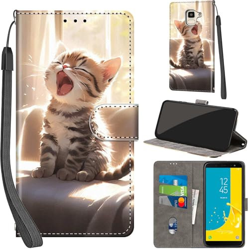 Handyhülle für Samsung Galaxy J6 2018 Hüllen Premium Leder Case Klappbar Wallet Magnet Kartenfach Standfunktion Schutzhülle kompatibel mit Samsung J6 2018 Cover,Katze