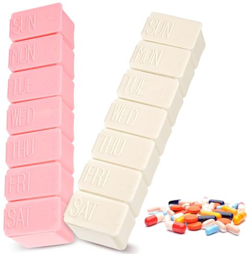 2 PCS Pill Organiser 7 Day White Pink Medication Boxes Pill Pot Weekly Pill Box 7 Day Pink Vitamin Organiser 7 day Portable Plastic Pill Dispenser with Braille Weekly Dosset Box Daily Tablet Organiser