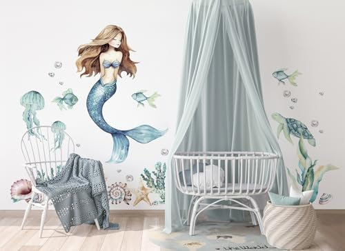 Osomhome |Wandtattoo Kinderzimmer Wandsticker | Wanddeko Babyzimmer | Schlafzimmer Junge Mädchen Selbstklebend (Blau Meerjungfrau, M)