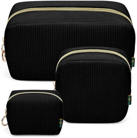 3 Stück Kosmetiktasche Kleine Make up Tasche Verdickt Cord Schminktasche Kulturtasche Große für Damen Mädchen Frauen Reisetasche Tragbare Kulturbeutel Set Kosmetik Parfüm Tasche Organizer(Schwarz)
