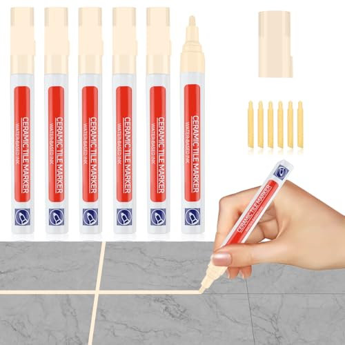 6Pieza Rotulador Juntas Azulejos Beige Lápiz para Juntas Lechada Tile Grout pen con Cabezal de Repuesto Bolígrafo Mortero Lápiz de Restauración para Restaurar para Lechada de Pared Piso Baños y Cocina