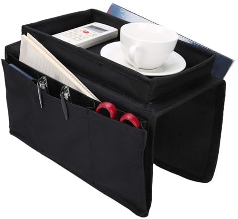 Sofa Armchair Tray Armrest Organiser - Couch Armchair TV Remote Caddy with Tray & Pockets,Holder Organizer for Space Saver Storage Phone Book Magazines TV Remote Control Eyeglasses Cup Snacks Candy