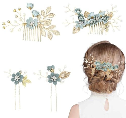 QEDBOJE Lot de 4 peignes à cheveux, accessoires cheveux mariage, bijoux cheveux strass verts, peigne cheveux mariage, peigne fleuri pour femme, décoration cheveux mariage, accessoire coiffure mariée