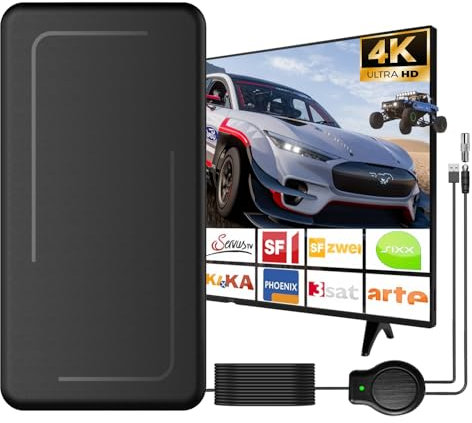 Roujune DVBT2 Antenne, Zimmerantenne DVB-T & DVB-T2 Antennen mit Verstärker, Zimmerantenne für Fernseher mit Großer Reichweite und 360° Empfang, Geeignet für 1080p 4K & Alle TV-Geräte