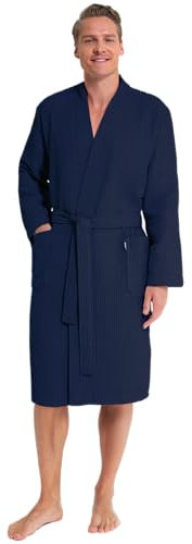 Twinzen Bademantel Herren Waffelpique – 100% Baumwolle – Leicht und Weich Bademantel Baumwolle - Dunkelblau - L