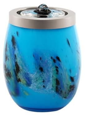 VOREEN Zimmerbrunnen Blau aus Mundgeblasenem Glas – Tischbrunnen mit LED-Licht – Ruhiger Glas-Deko-Brunnen für Wohnzimmer Schlafzimmer Büro 15cm Hoch
