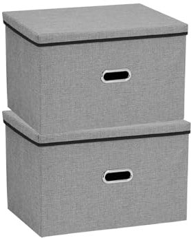 2 Pack Large Storage Boxes with Lids – 45x30x30cm Foldable Storage Cubes with Handles, Collapsible Linen Fabric Storage Bins for Shelves, Wardrobes, Homes & Offices (Gery)