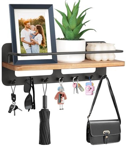 LONHCHI Schlüsselbrett mit Ablage, Schlüsselbrett Holz Ohne Bohren, Dekoratives Schlüsselhalter mit 7 Haken, Wandmontage Schlüsselablage Organizer für Eingang, Flur, Wohnzimmer, Schlafzimmer (Schwarz)