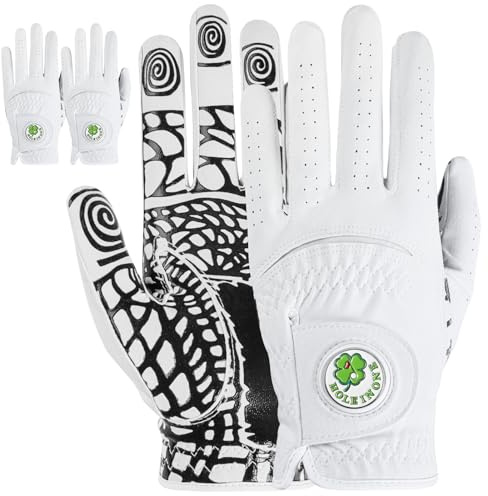 Herren-Golfhandschuhe, Allwetter-Grip mit Silikon-Handfläche, 2 Stück, Premium-Golfhandschuhe mit Ballmarker für Rechts- oder Linkshänder, Größen S bis XL (Weiß, ML, Links)