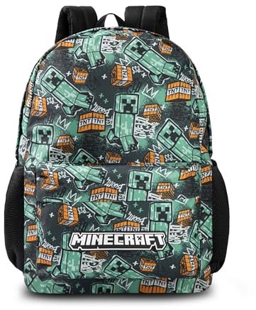 Minecraft Creeper Kids Green Backpack | Zip-up Patterned Rucksack for Back to School & Carrying Books | Unisex Gaming School Bag Merch