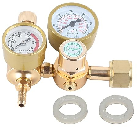 Argon CO2 Druckminderer, Druckregler, mit Durchflussmesser, 4500 psi Energiespar-Flaschenregler, Messing, CGA580 weiblich (15/16 Zoll weiblich), 1/4 Zoll, 6,605 G für WIG und MIG MAG Schweißgeräte