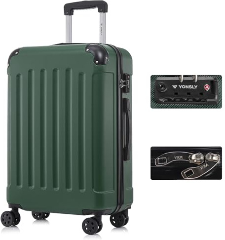 YONSLY Premium Reisekoffer TSA-Schloss,YKK-Reißverschluss Hartschalen-Koffer Trolley Rollkoffer Suitcase Handgepäck 4 Rollen (Dunkelgrün, L)