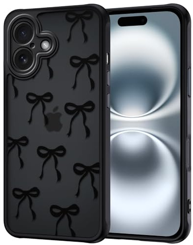 TVVTPU Handy Hülle für iPhone 16 mit Vollständiger Kameraschutz, Aesthetic Motiv Schleifen Muster Handyhülle Anti-Fingerabdruck Matt Transluzente Rückseite Stoßfest Kratzfest Case, Schwarz