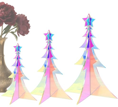 Opdestn Hologramm Weihnachtsbaum,3-Stückig Acryl 3D Prismatisch Irisierend Weihnachtsdekoration | Holografischer Baum Schreibtischdekoration,Für Innenbereich Festtags Zuhause Fenster Kamin