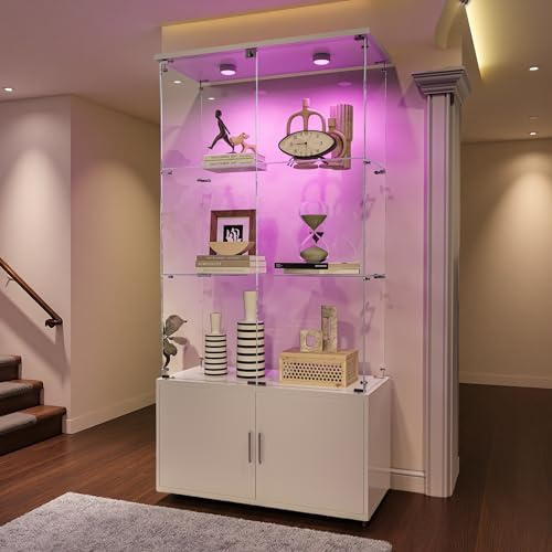 PerGar Glasvitrine Standvitrine mit LED-Beleuchtung, 3 Lagen & 2 Türen, Vertikale Vitrine mit Intelligente Sensorik, für Sammlerstücke, Wein, Wohnzimmer, Schlafzimmer (Antipplicht, Weiß)