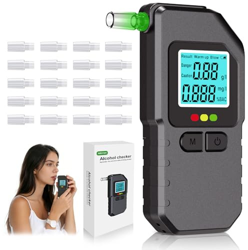 Yikkhy Alkoholtester, Hohe Genauigkeit Professioneller Promillemessgerät mit 20 Mundstücken und 3 Batterien, Tragbarer Alkoholmessgerät Polizeigenau mit digitaler LED-Anzeige für Home Outdoor Party