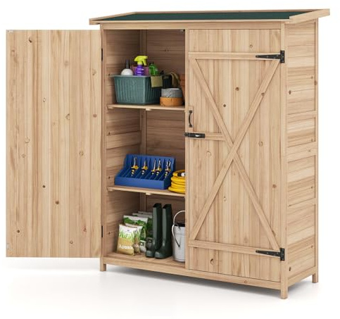 COSTWAY Cobertizo de Madera Maciza, 140 x51x 63 cm, Puertas con Cerradura | Armario Exterior Techo Asfáltico Inclinada, Estantes Removibles, Caseta Madera Jardin Exterior