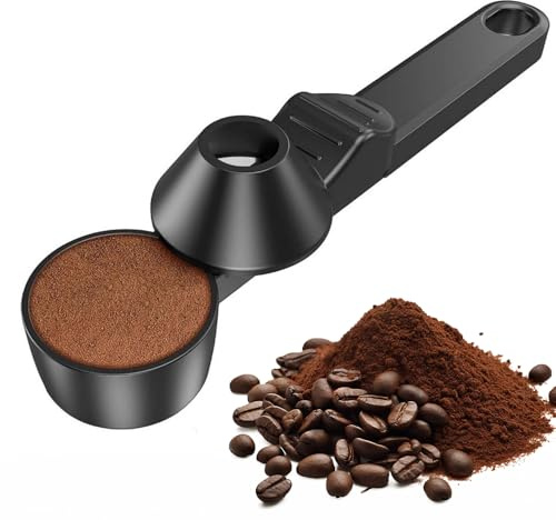 Coffee Scoop with Funnel for Ground Coffee, 2 Tbsp Measuring Spoon for Refillable Coffee Pods, Mess-Reducing Powder Pal Design, Black