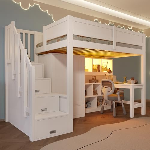 Yihomfy Lit Mezzanine 90x200 avec Bureau et Étagère, Armoire, Escalier de Rangement et Éclairage LED, Blanc