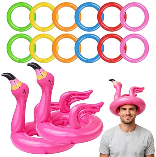 14 Stück Flamingo Aufblasbares Wurfspiel, Ringwurfspiel Outdoor mit 2 Flamingo Hüten und 12 Wurfringen, Pool Party Spiele, Gartenspiele für Sommerfest Hawaii Party Kinder und Erwachsene