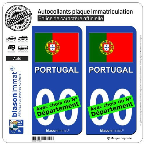 blasonimmat 2 Autocollants Plaque immatriculation Auto : Portugal - Drapeau
