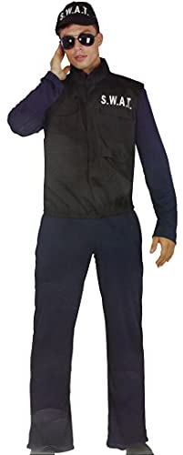 Black cat Polizei Kostüm Herren Karneval SWAT Uniform 3 teilig bestehend aus Weste Overall Mütze in Einheitsgröße (One Size, Gr. S-M) Fasching Verkleidung