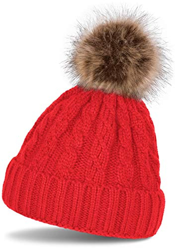 styleBREAKER Zopfmuster Bommelmütze, Strickmütze mit Fellbommel, Winter Beanie Mütze, Unisex 04024064, Farbe:Rot