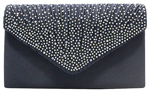 wocharm Womens Ladies Satin Diamante Clutch Bag Envelope Handbag Evening Bridal Bag Wedding Fashion Prom Vintage Shoulder Bags(Navy blue)