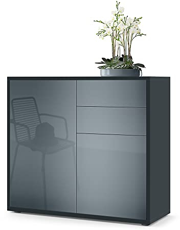 Vladon Sideboard Ben, Made in Germany, Kommode mit 2 Türen und 2 Schubladen, Schwarz matt/Grau Hochglanz (79 x 74 x 36 cm)