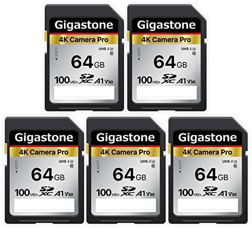 GIGASTONE 4K Kamera Pro 64GB SDXC Speicherkarte 5er-Pack mit bis zu 100 MB/s für Digitalkameras Canon Sony Olympus, 4K UHD Videoaufnahmen UHS-I U3 V30 Klasse 10
