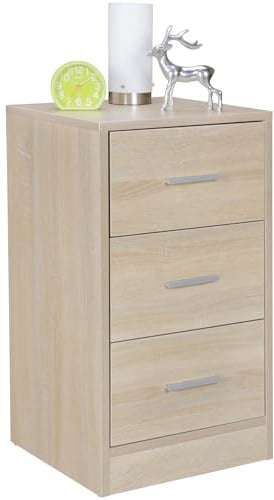 Wohnling Nachtkonsole FOGGIA Holz Nachttisch modern mit 3 Schubladen Sonoma, Design Nachtkästchen 37,5 x 68 x 35 cm, Extra hohes Nachtschränkchen