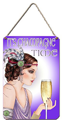IT'S CHAMPAGNE TIME HANGING WALL PLAQUE. CAN BE PERSONALISED. 28X19CM Hanging Metal Sign. Colourful Wall Art Champers Drinker's Gift.