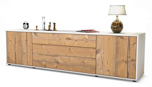 Stil.Zeit TV Schrank Lowboard Aria, Korpus Weiss matt, Front Holz-Design Pinie (180x49x35cm), mit Push-to-Open Technik & Leichtlaufschienen