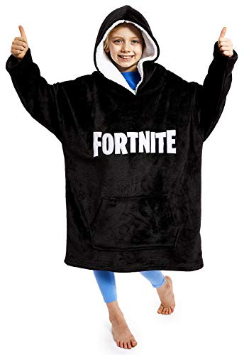 Fortnite Oversized Hoodie Decke zum Anziehen Pullover Jungen und Teenager 14+ Extra Lange Fleece Tragbare Kuscheldecke mit Ärmeln Gamer Geschenk (Schwarz Bedruckte Kinder)
