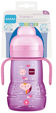 MAM Trainer+ (220 ml), Trinklernflasche für den Übergang zum Becher, Trinklernbecher mit tropffreiem Sauger, Trinkschnabel & Haltegriff, 4+ Monate, Herz